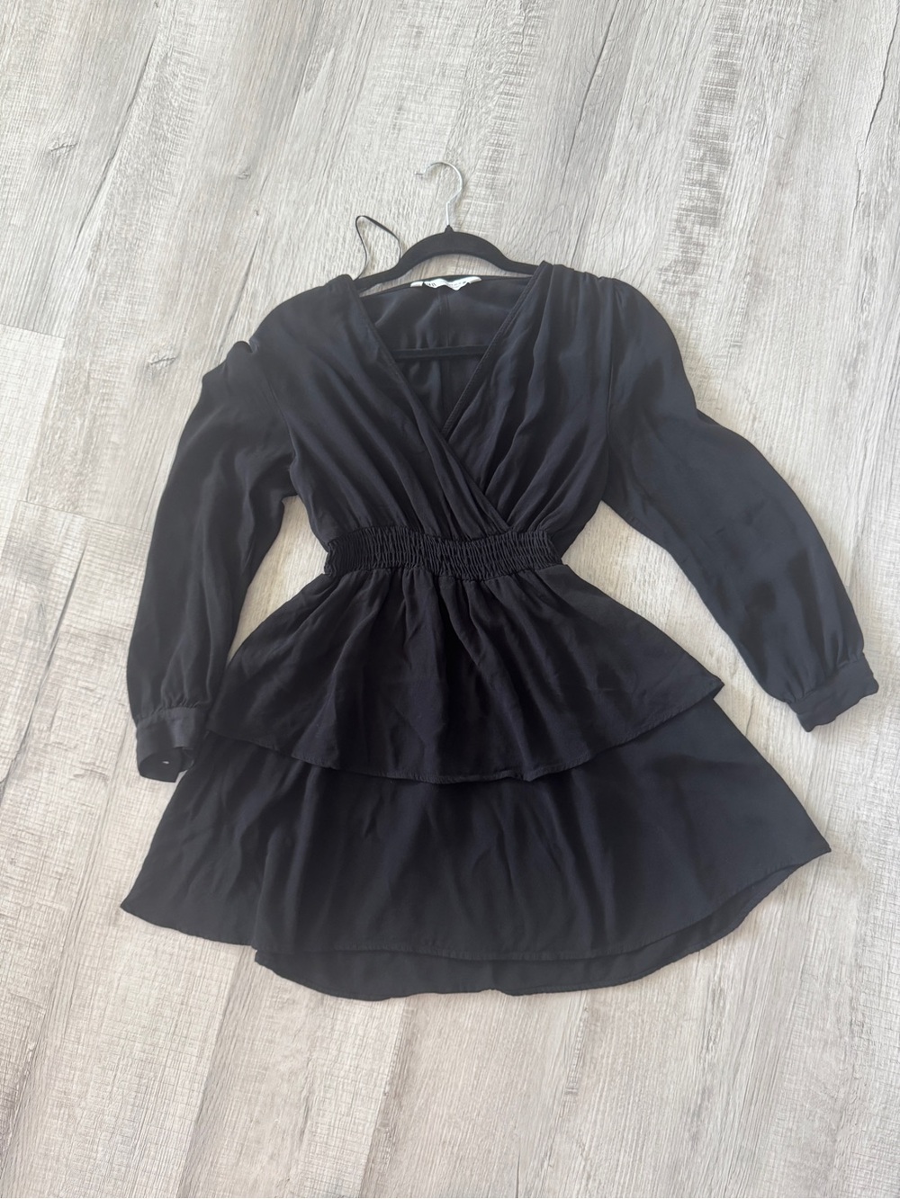 Zara Black Long Sleeve Ruffle Tiered Mini Dress V-Neck Smocked Waist Size S.